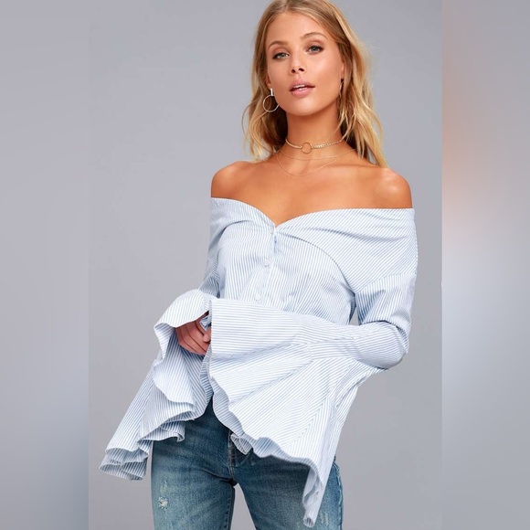 Lulus Clear Sailing Striped Bell Sleeve Off The Shoulder Button Up Blouse - Picture 1 of 16